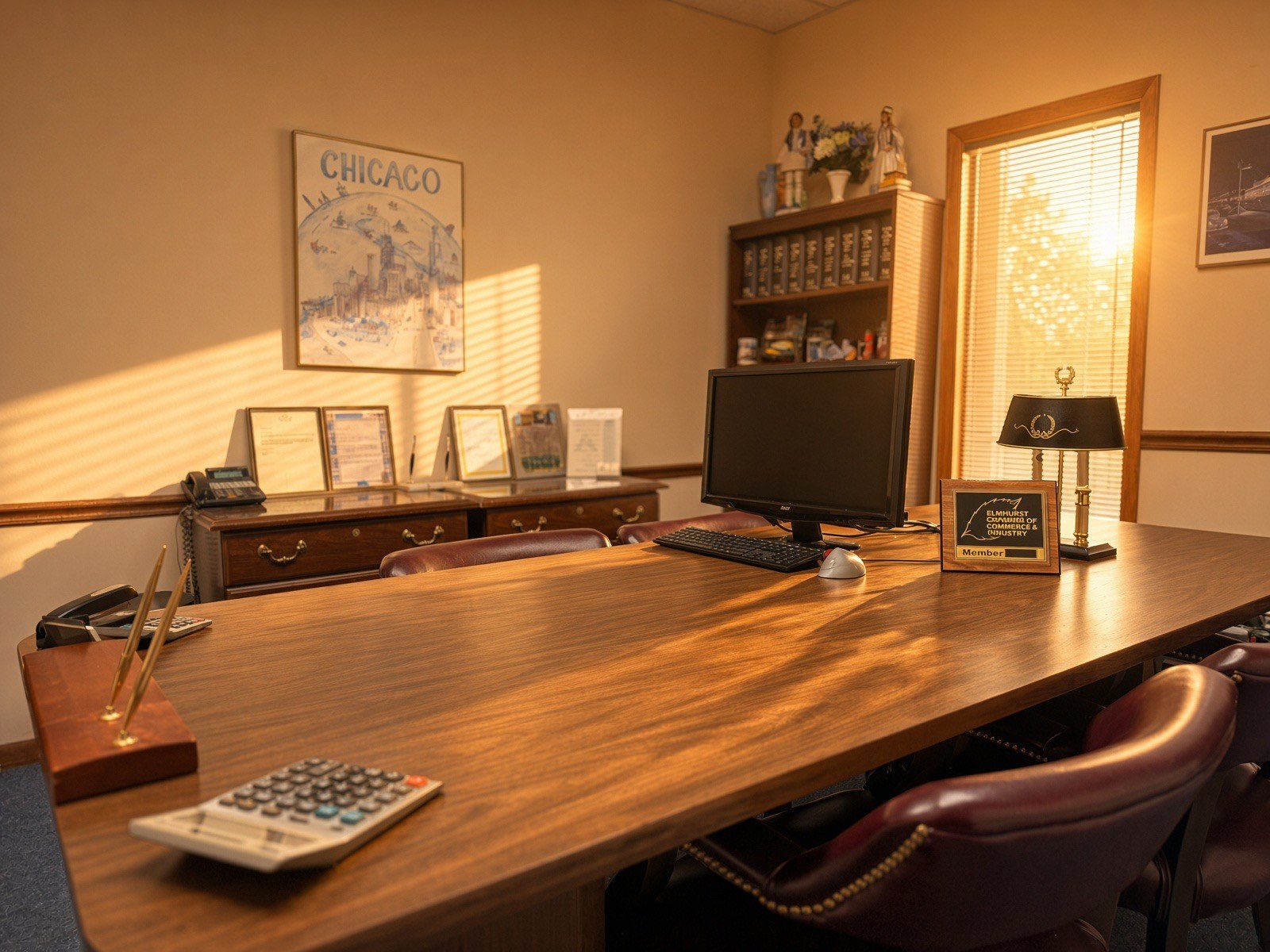 The conference room at Delta Financial Services: a long walnut table, leather chairs, and afternoon light through the blinds
