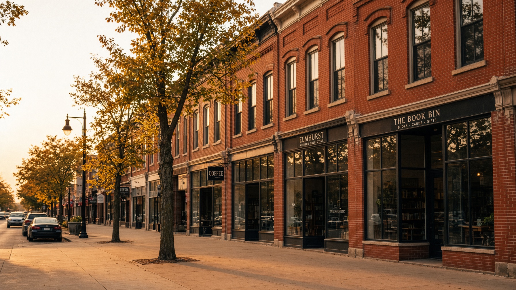 Historic brick storefronts along a quiet Elmhurst street in late-afternoon light